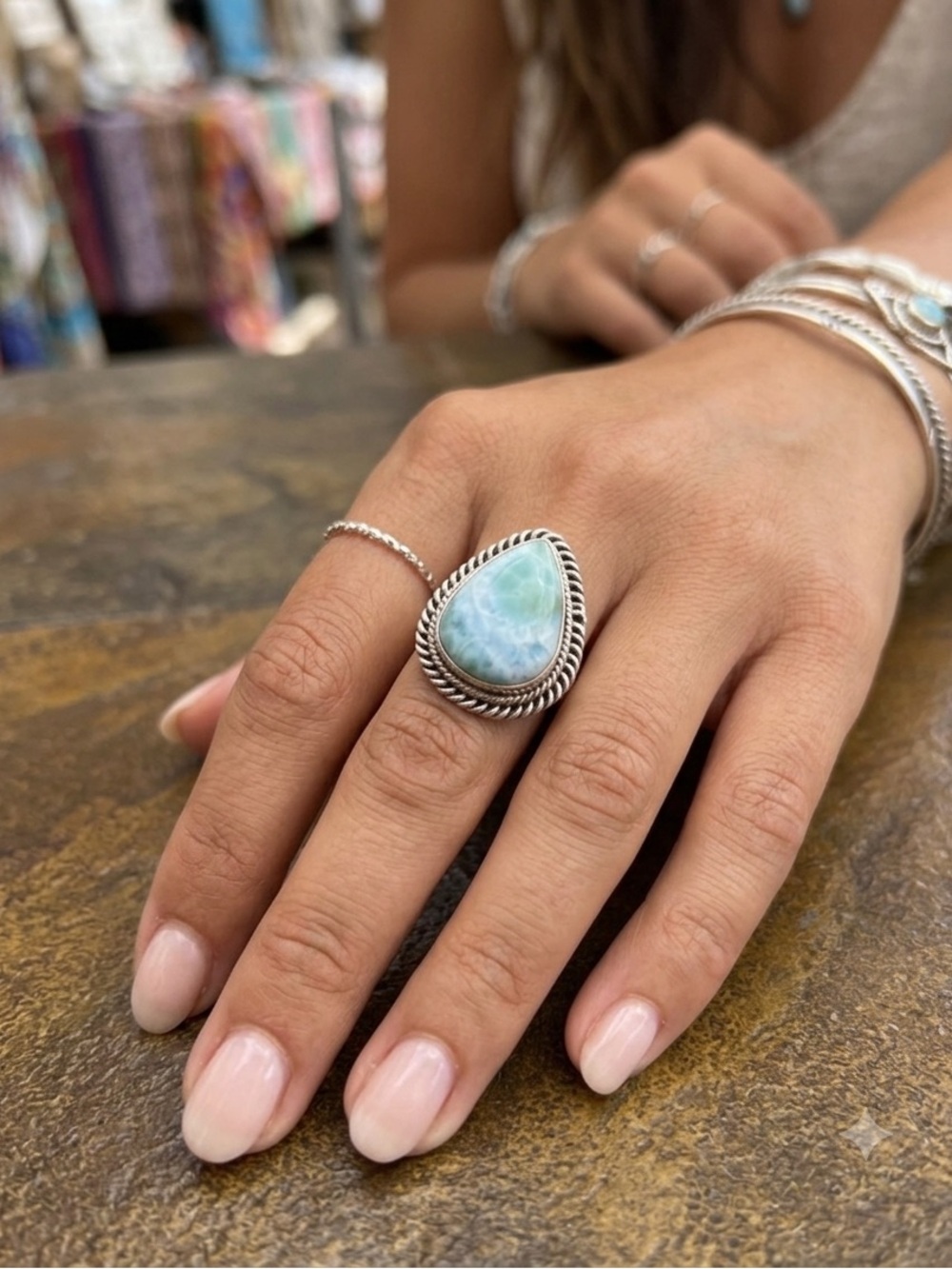 925 Sterling Silver Teardrop Larimar Ring - Green Blue Stone